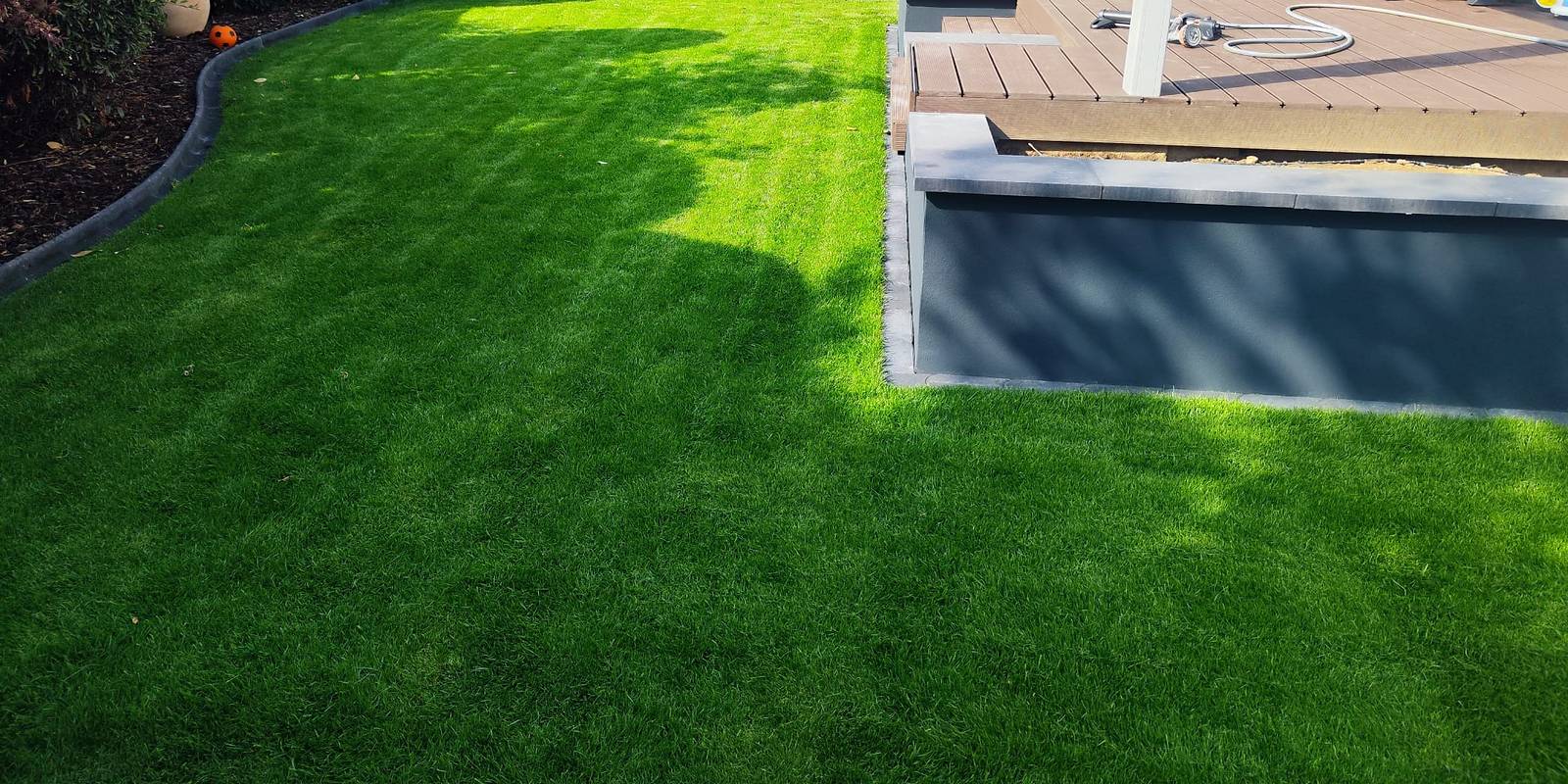 Frisch verlegter Rollrasen vor einer neuen Holzterrasse – Projekt von Gartenpflege Semberia in Sankt Augustin