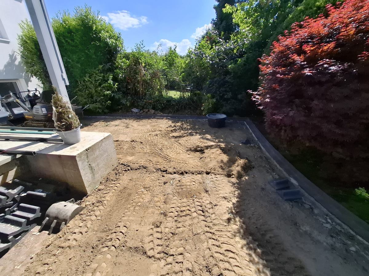 Blick über die planierte Fläche zur Terrasse, Hecke und roter Ahorn im Hintergrund