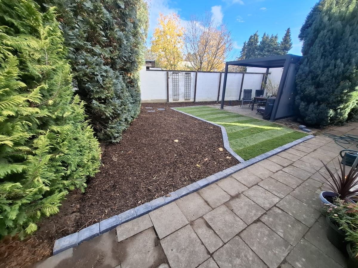 Neue Rasenfläche und Rindenmulchbeet entlang der Koniferenhecke, Blick zur Terrasse