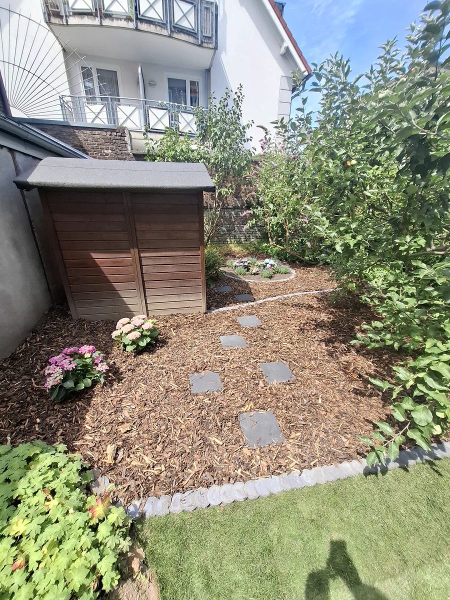 Rindenmulchbeet mit Trittplatten und Pflasterkante zum Rasen hinter dem Haus in Köln