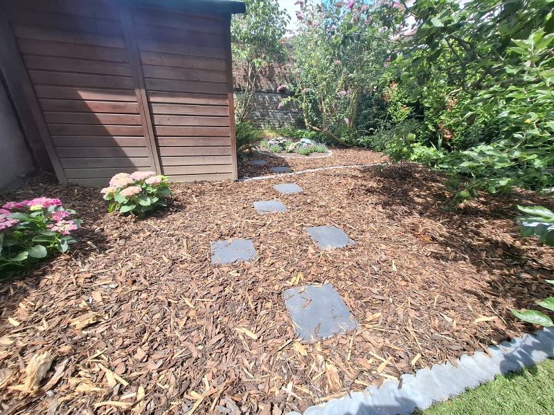 Trittplattenweg im Rindenmulchbeet zum Holz-Gartenhaus, Hortensien am Rand